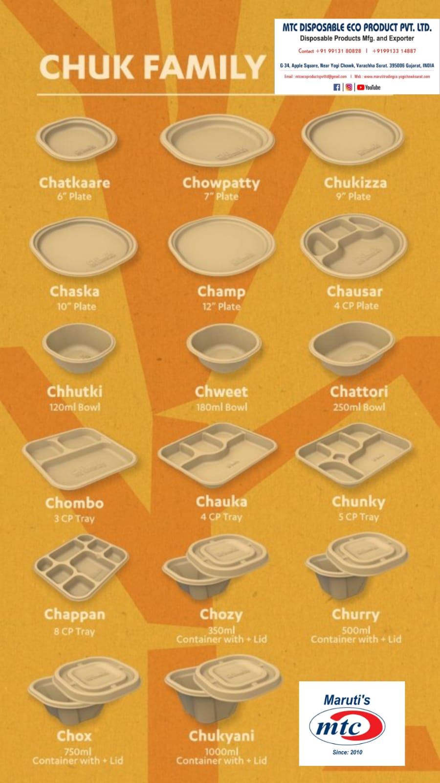 MTC catalogue sheet showing biodegradable disposable plates, bowls and trays